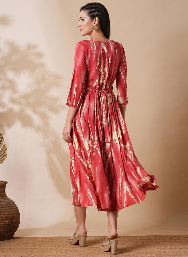 globus Globus Embroidered Notch Neck Front Slit A-Lin Midi Dress with Belt  - Image 3
