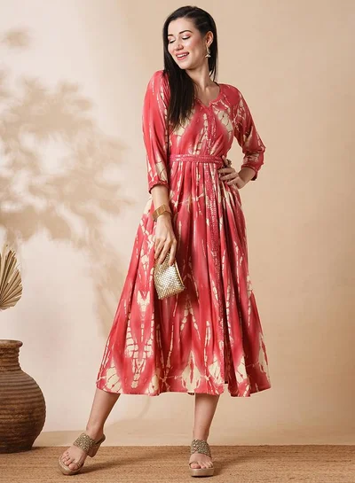 globus Embroidered Notch Neck Front Slit A-Lin Midi Dress with Belt