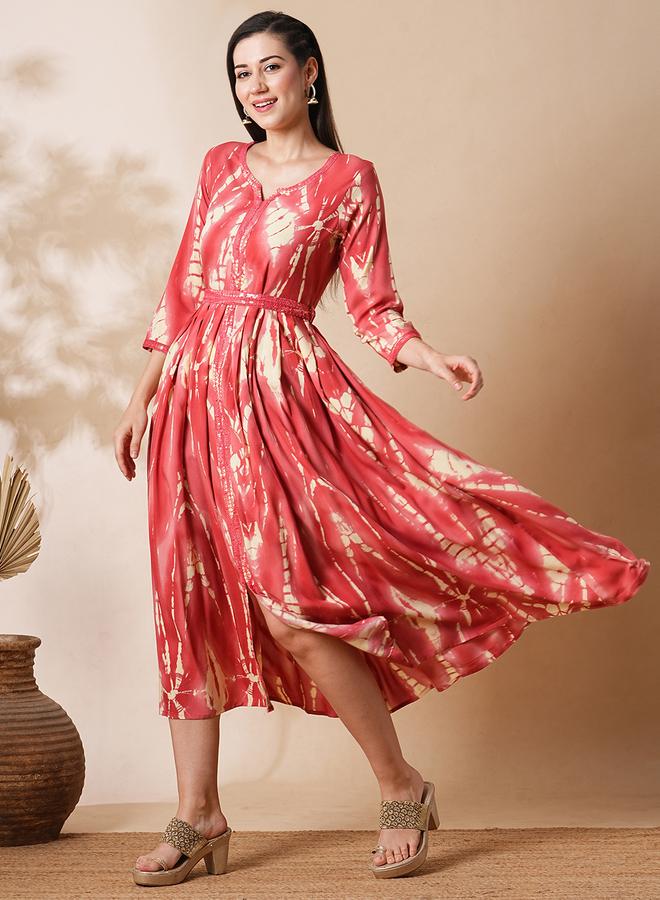 globus Globus Embroidered Notch Neck Front Slit A-Lin Midi Dress with Belt  - Image 2