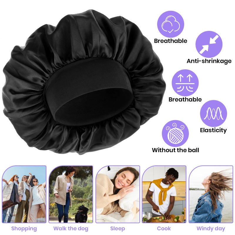 WLLHYF Silk Bonnet for Men, Satin Bonnet Double Layer Elastic Band Silk Sleep Cap Black Soft Adjustable Hair Cap Hair Wrap Large Bonnets for Women Sleeping - Image 3