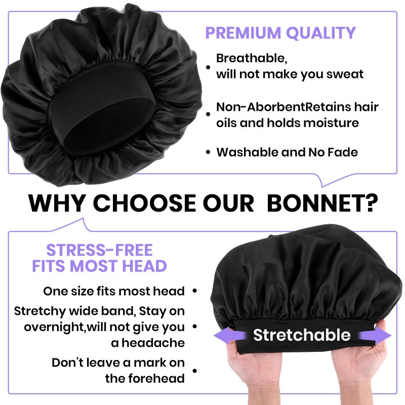 WLLHYF Silk Bonnet for Men, Satin Bonnet Double Layer Elastic Band Silk Sleep Cap Black Soft Adjustable Hair Cap Hair Wrap Large Bonnets for Women Sleeping - Image 4