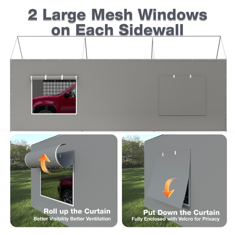 FLOUREE Carport Canopy Replacement Sidewall 20x6.6 FT Fits 10x20, 12x20, 20x20 FT Carport with Roll-up Windows, Waterproof & UV Protected, Easy Assembly with Ball Bungees, Grey (Sidewalls Only, 2 Pack) - Image 3