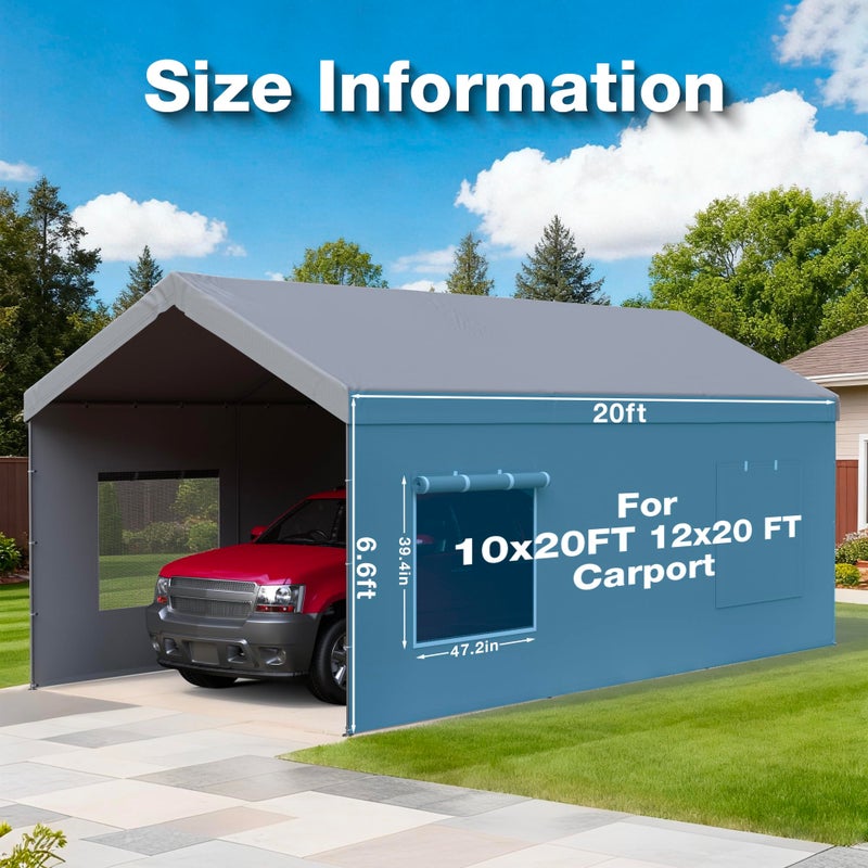 FLOUREE Carport Canopy Replacement Sidewall 20x6.6 FT Fits 10x20, 12x20, 20x20 FT Carport with Roll-up Windows, Waterproof & UV Protected, Easy Assembly with Ball Bungees, Grey (Sidewalls Only, 2 Pack) - Image 2