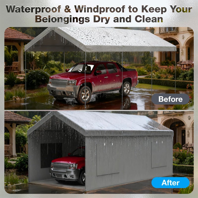 FLOUREE Carport Canopy Replacement Sidewall 20x6.6 FT Fits 10x20, 12x20, 20x20 FT Carport with Roll-up Windows, Waterproof & UV Protected, Easy Assembly with Ball Bungees, Grey (Sidewalls Only, 2 Pack) - Image 4