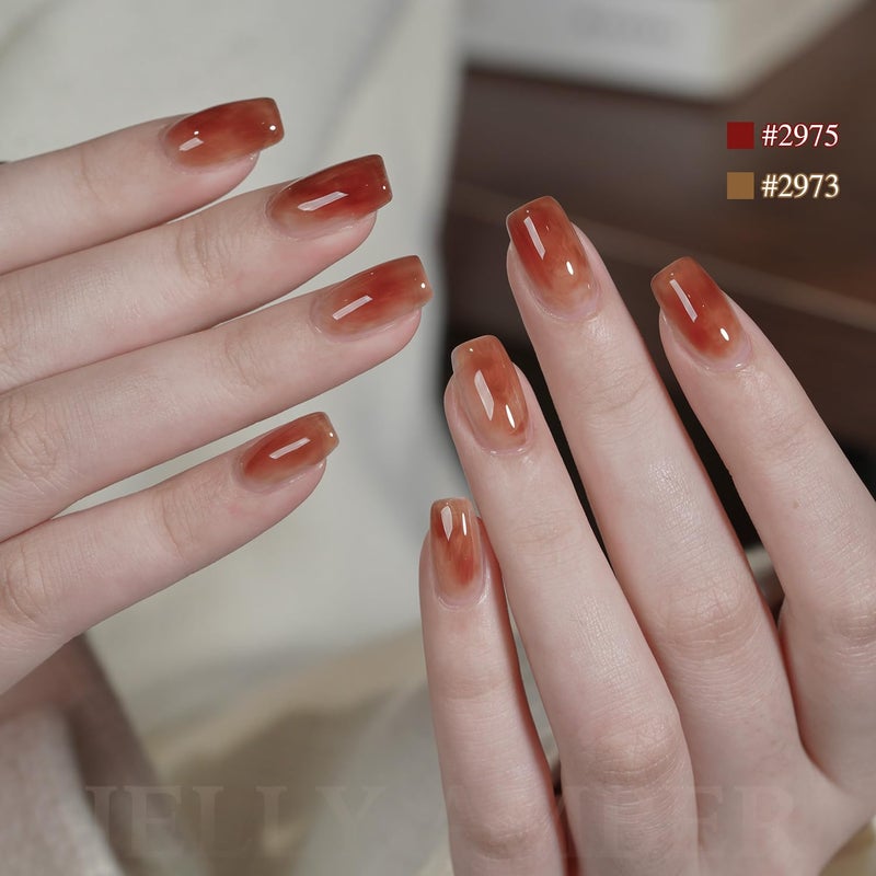 GAOY Jelly Dark Green Brown Gel Nail Polish Set, 6 Transparent Colors Sheer Red Fall Colors Soak Off UV Light Cure Gel Polish Kit for Salon and Nail Art DIY at Home - Image 3