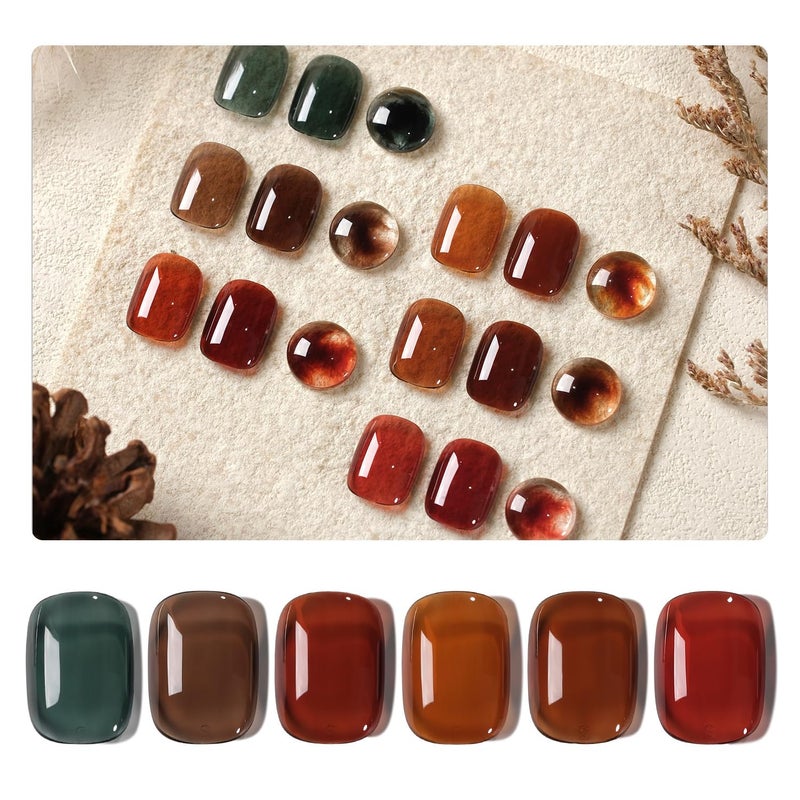 GAOY Jelly Dark Green Brown Gel Nail Polish Set, 6 Transparent Colors Sheer Red Fall Colors Soak Off UV Light Cure Gel Polish Kit for Salon and Nail Art DIY at Home - Image 1