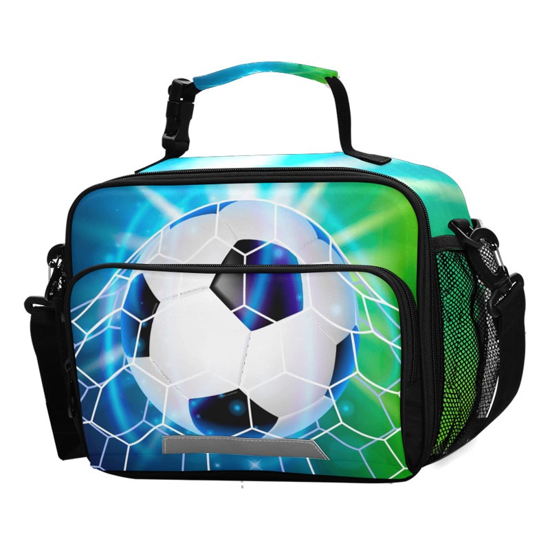 BOENLE Soccer Ball Water Lunch Box for Boys Girls Football Insulated Lunch Bag Kids Cooler Tote Shoulder Strap Reusable School Picnic Travel Office