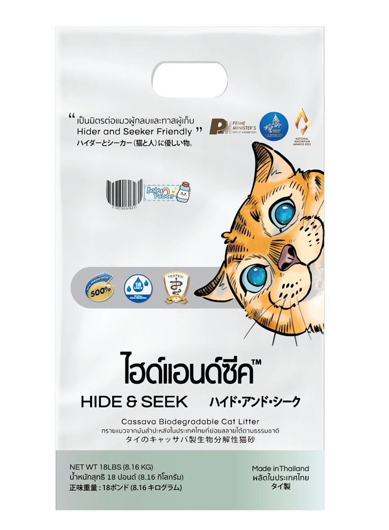 HIDE & SEEK CASSAVA CAT LITTER. Biodegradable-Flushable. Baby Powder (18 Lb - 8.16 Kg). Made in Thailand - Image 1