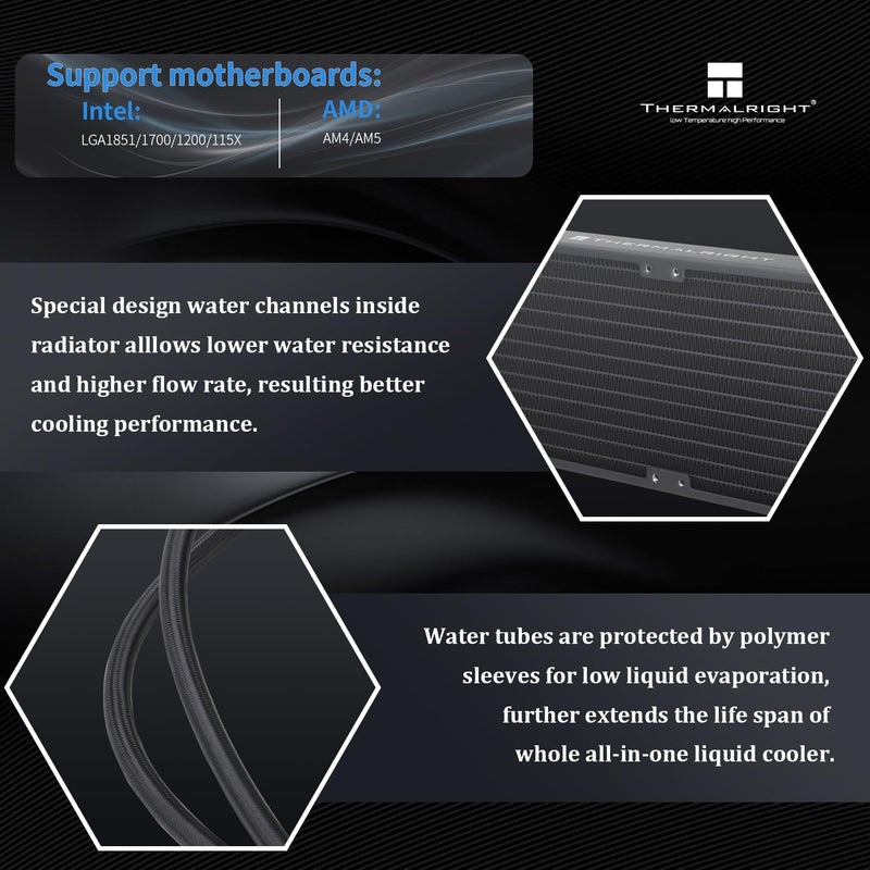 Thermalright Frozen Prism 360 Black ARGB CPU Liquid Cooler,Efficient PWM Controlled Pump 3300RPM,3×TL-E12 Series PWM Fan,Water Cooling Computer Parts,for AMD AM4/AM5,Intel 1150/1156/1200/1700/2066 - Image 3