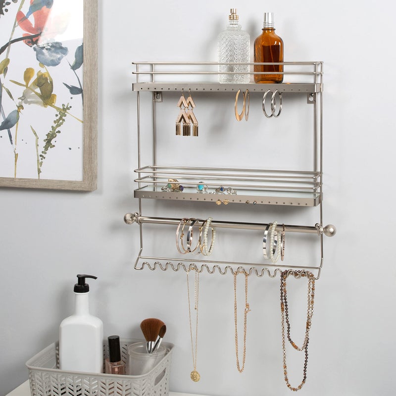 Simplify Home Details Wall Mounted Jewelry Organizer | Dimensions: 14.6"x 3.9"x 15.6" | 2 Tier Mirror | Home Organization | Great for Bracelets | Necklaces | Earrings | Mirror Based Shelf | Satin Finish - Image 2