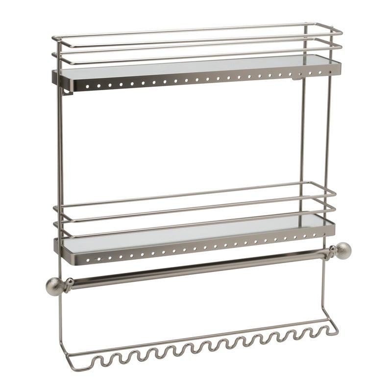 Simplify Home Details Wall Mounted Jewelry Organizer | Dimensions: 14.6"x 3.9"x 15.6" | 2 Tier Mirror | Home Organization | Great for Bracelets | Necklaces | Earrings | Mirror Based Shelf | Satin Finish - Image 1