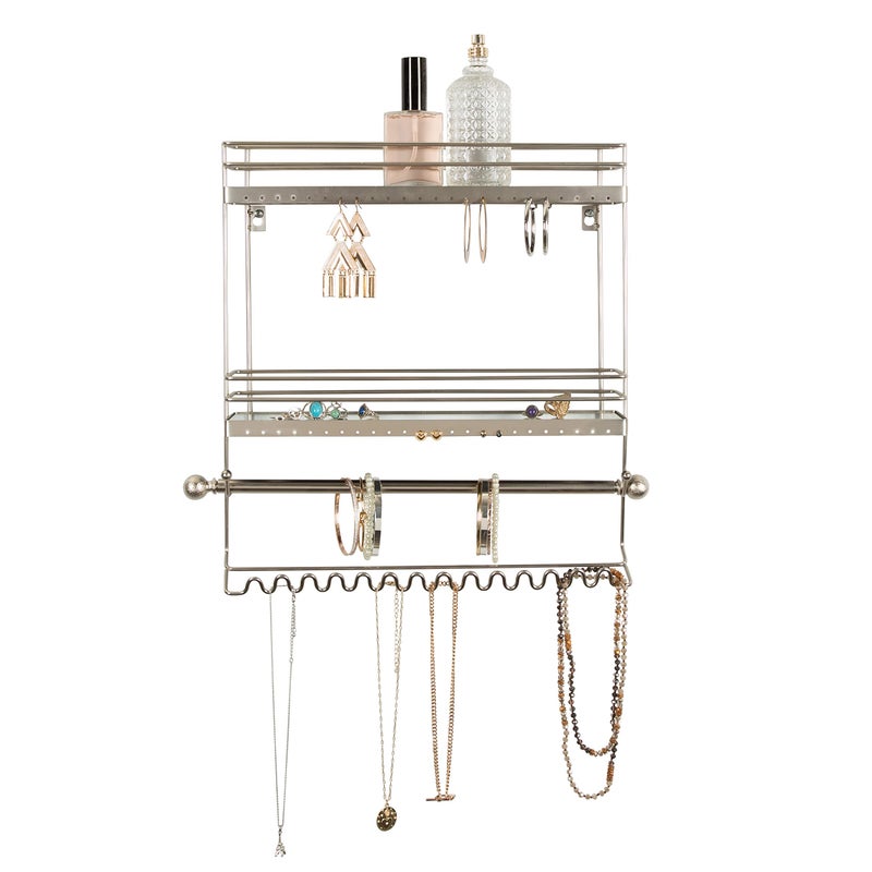 Simplify Home Details Wall Mounted Jewelry Organizer | Dimensions: 14.6"x 3.9"x 15.6" | 2 Tier Mirror | Home Organization | Great for Bracelets | Necklaces | Earrings | Mirror Based Shelf | Satin Finish - Image 5