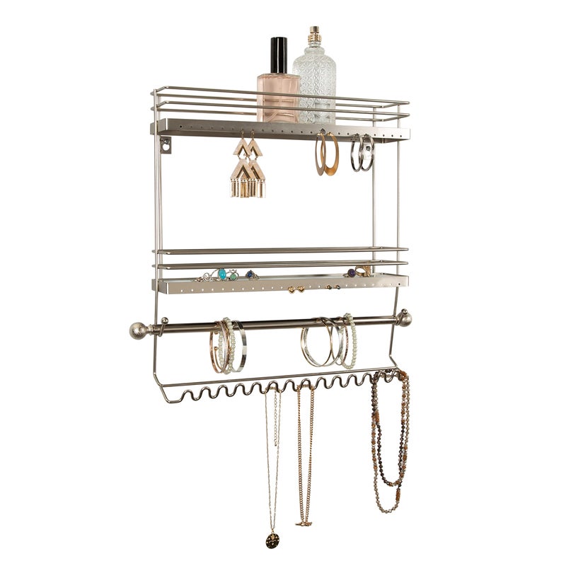 Simplify Home Details Wall Mounted Jewelry Organizer | Dimensions: 14.6"x 3.9"x 15.6" | 2 Tier Mirror | Home Organization | Great for Bracelets | Necklaces | Earrings | Mirror Based Shelf | Satin Finish - Image 3