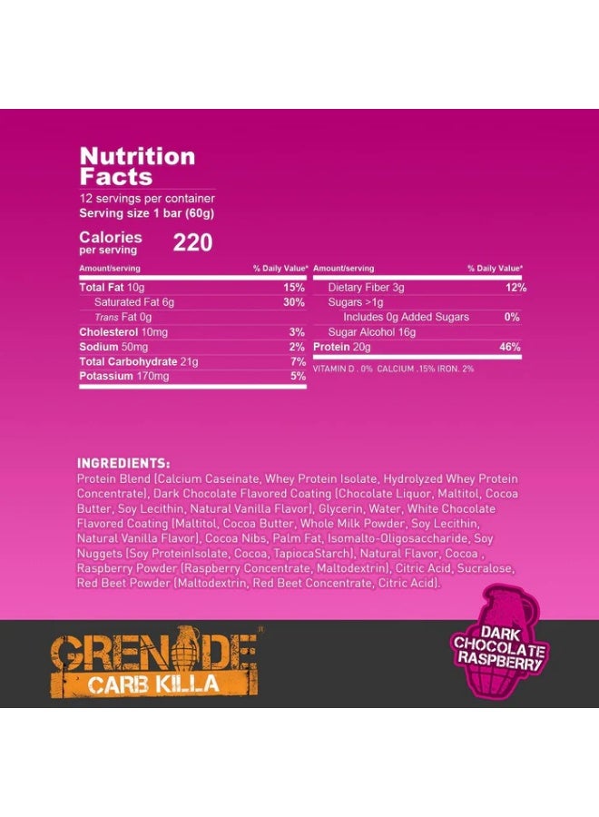Grenade High Protein Low Sugar Bar Dark Chocolate Raspberry 60g Pack of 12 - Image 2