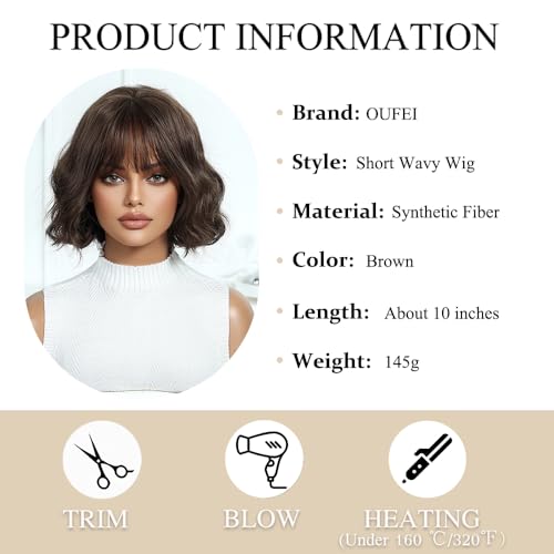 OUFEI Brown Bob Wigs for Women Short Wavy Wig With Bangs Natural Synthetic Hair Heat Resistant Wigs for Daily Party Cosplay Wear - Image 3