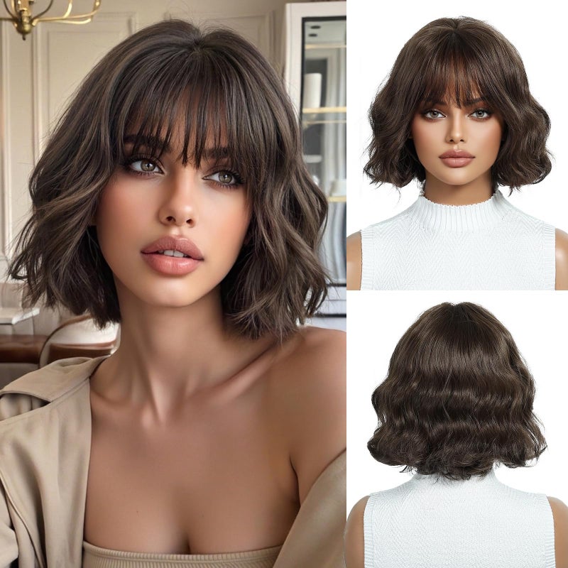 OUFEI Brown Bob Wigs for Women Short Wavy Wig With Bangs Natural Synthetic Hair Heat Resistant Wigs for Daily Party Cosplay Wear - Image 2