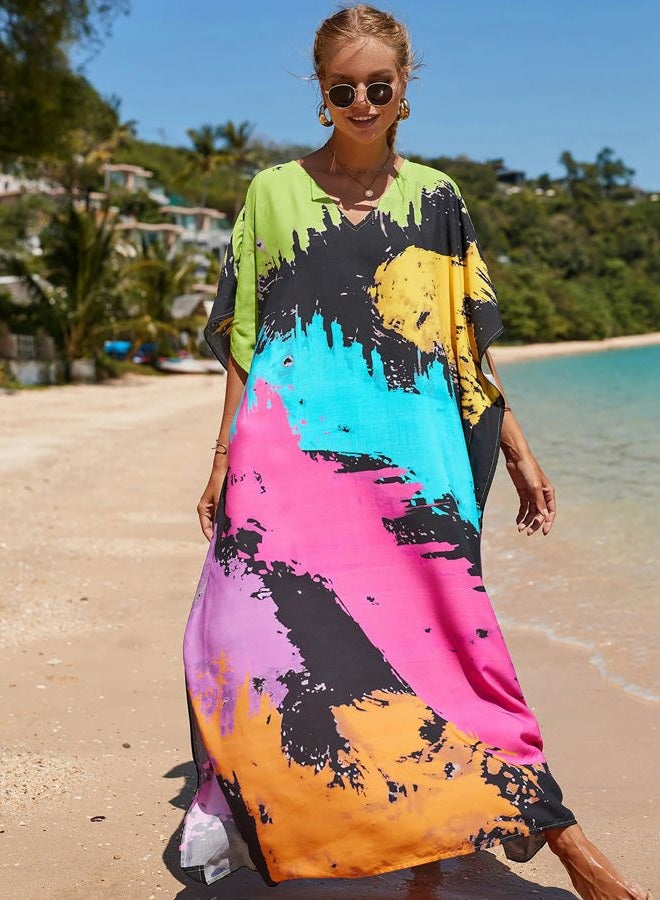 Bsubseach Loose Kaftan Dresses for Women Short Sleeve Swimsuit Cover Up Casual Holiday Outfits Colourful Tie Dye - Image 2