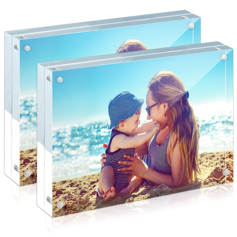 HELPLEX Acrylic Frames 2 Pack 5x7 24mm Thicker Frameless Clear Frame Double Sided Magnetic Free Standing Desktop Display