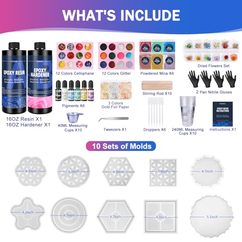 KISREL Epoxy Resin Kit for Beginners, 32oz Resin Kit with Coaster Molds, Complete Accessories Include Pigment, Mica Powders, Dried Flowers, Glitter, Measuring Cups and Other Resina Supplie - Image 2