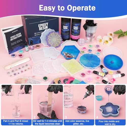 KISREL Epoxy Resin Kit for Beginners, 32oz Resin Kit with Coaster Molds, Complete Accessories Include Pigment, Mica Powders, Dried Flowers, Glitter, Measuring Cups and Other Resina Supplie - Image 4