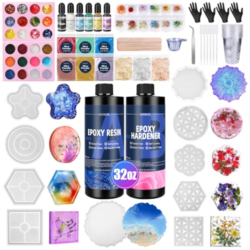 KISREL Epoxy Resin Kit for Beginners, 32oz Resin Kit with Coaster Molds, Complete Accessories Include Pigment, Mica Powders, Dried Flowers, Glitter, Measuring Cups and Other Resina Supplie - Image 1