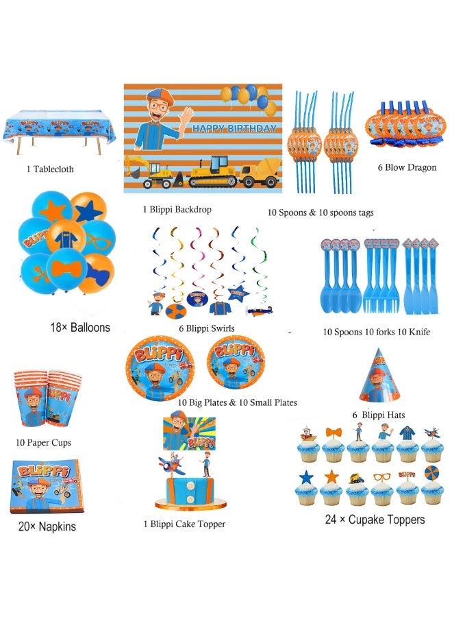 158Pcs Blippi birthday supplies Blippi birthday kit Blippi Theme Backdrop Blue And Orange Birthday Party Decorations Disposable Tableware Balloon - Image 2