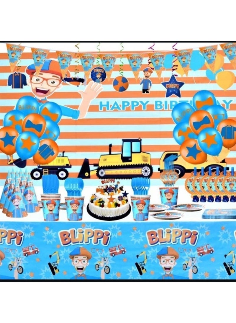 158Pcs Blippi birthday supplies Blippi birthday kit Blippi Theme Backdrop Blue And Orange Birthday Party Decorations Disposable Tableware Balloon - Image 1