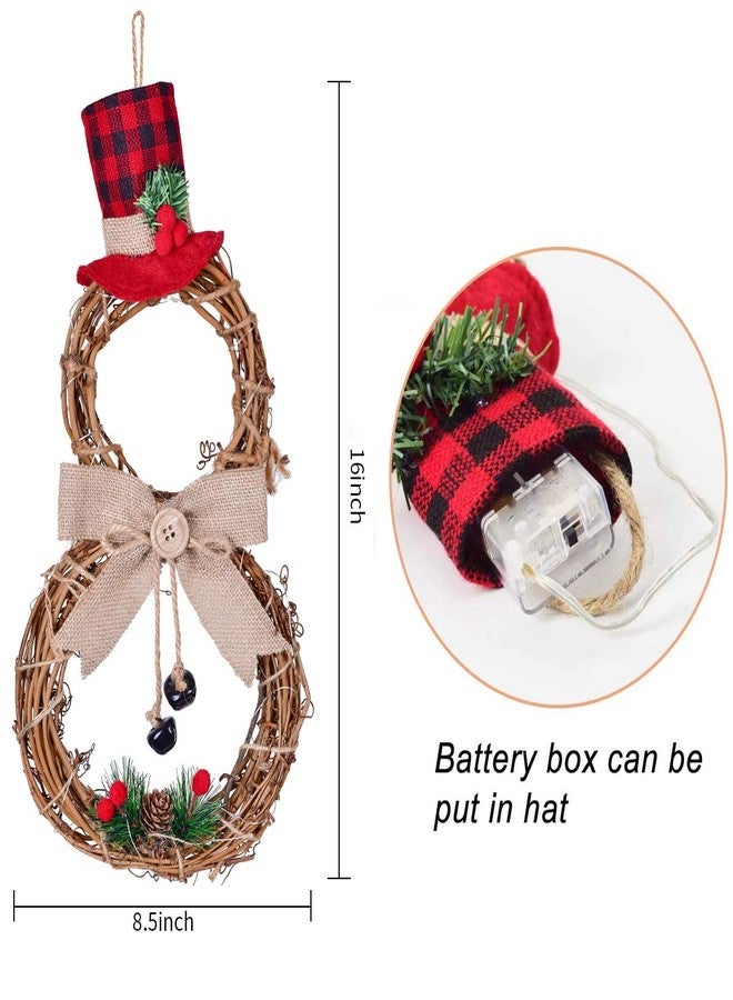 DearHouse 16 x 8 Inch Lighted Christmas Wreath Decoration, Grapevine Wreath with Hat and Bow Snowman Shape Wreath for Front Door Home Garden Wall Decor - Image 5