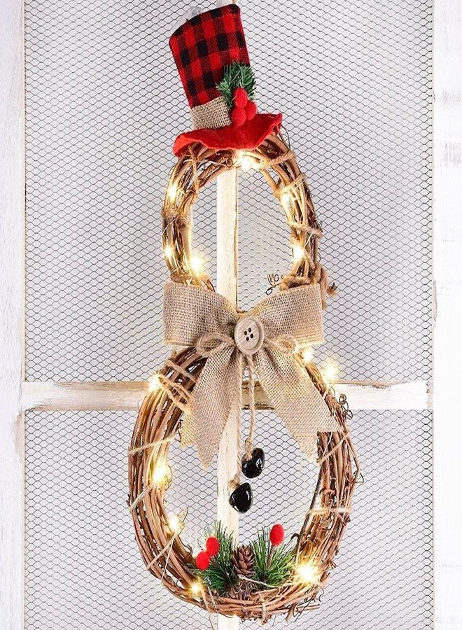 DearHouse 16 x 8 Inch Lighted Christmas Wreath Decoration, Grapevine Wreath with Hat and Bow Snowman Shape Wreath for Front Door Home Garden Wall Decor - Image 2