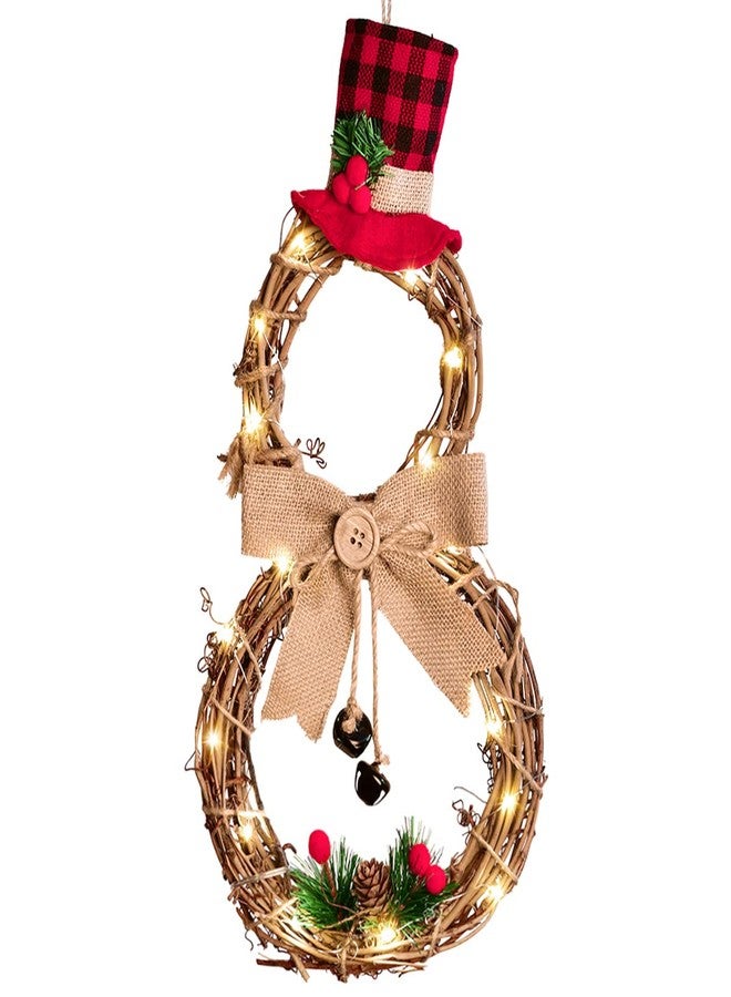 DearHouse 16 x 8 Inch Lighted Christmas Wreath Decoration, Grapevine Wreath with Hat and Bow Snowman Shape Wreath for Front Door Home Garden Wall Decor - Image 1