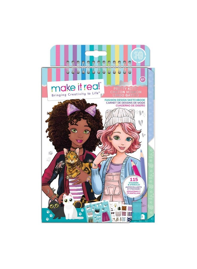 Make It Real دفتر رسم تصميم الأزياء قطة جميلة. كتاب تلوين تصميم الأزياء مستوحى من القطط للفتيات. يتضمن دفتر رسم وقوالب ملصقات ودليل تصميم الأزياء. - Image 1