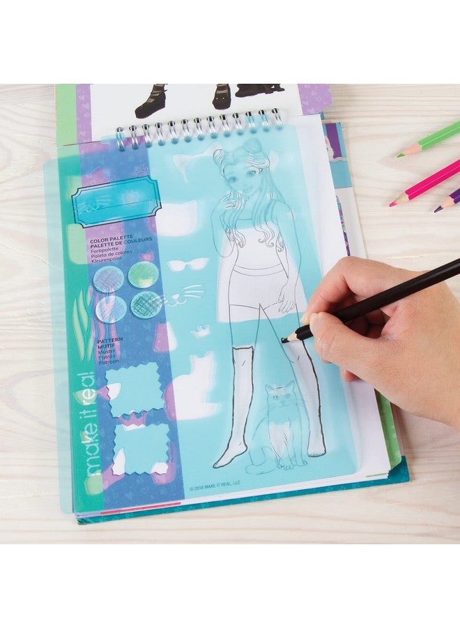 Make It Real دفتر رسم تصميم الأزياء قطة جميلة. كتاب تلوين تصميم الأزياء مستوحى من القطط للفتيات. يتضمن دفتر رسم وقوالب ملصقات ودليل تصميم الأزياء. - Image 4