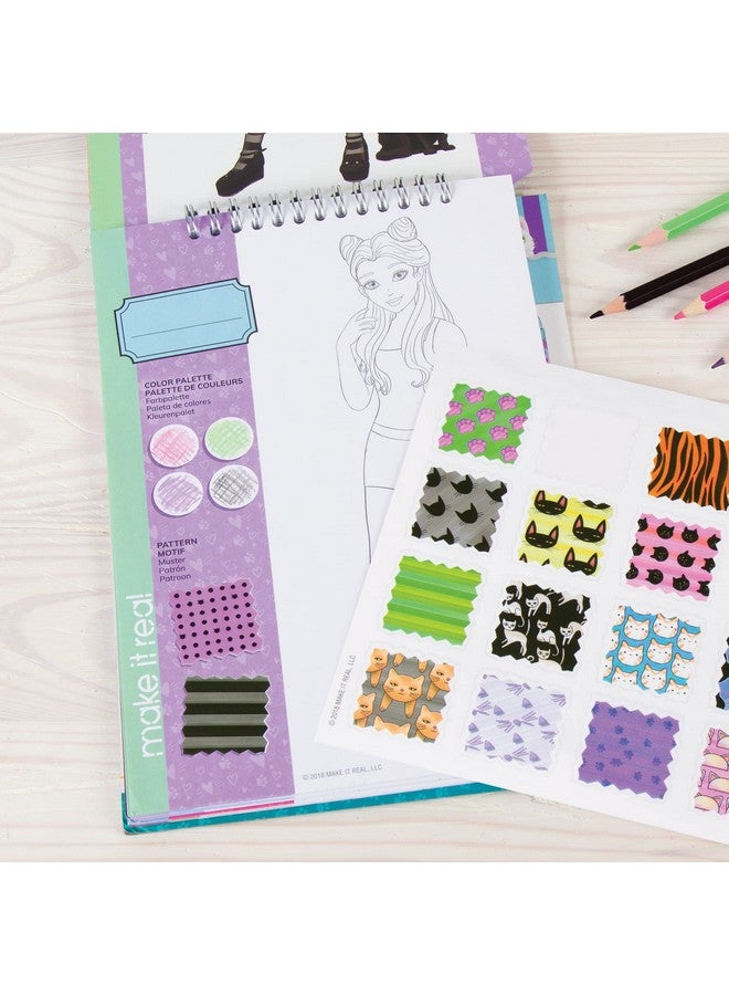 Make It Real دفتر رسم تصميم الأزياء قطة جميلة. كتاب تلوين تصميم الأزياء مستوحى من القطط للفتيات. يتضمن دفتر رسم وقوالب ملصقات ودليل تصميم الأزياء. - Image 5