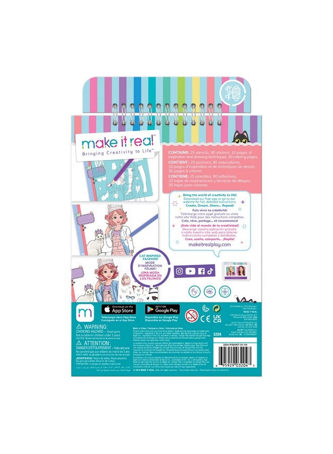Make It Real دفتر رسم تصميم الأزياء قطة جميلة. كتاب تلوين تصميم الأزياء مستوحى من القطط للفتيات. يتضمن دفتر رسم وقوالب ملصقات ودليل تصميم الأزياء. - Image 3