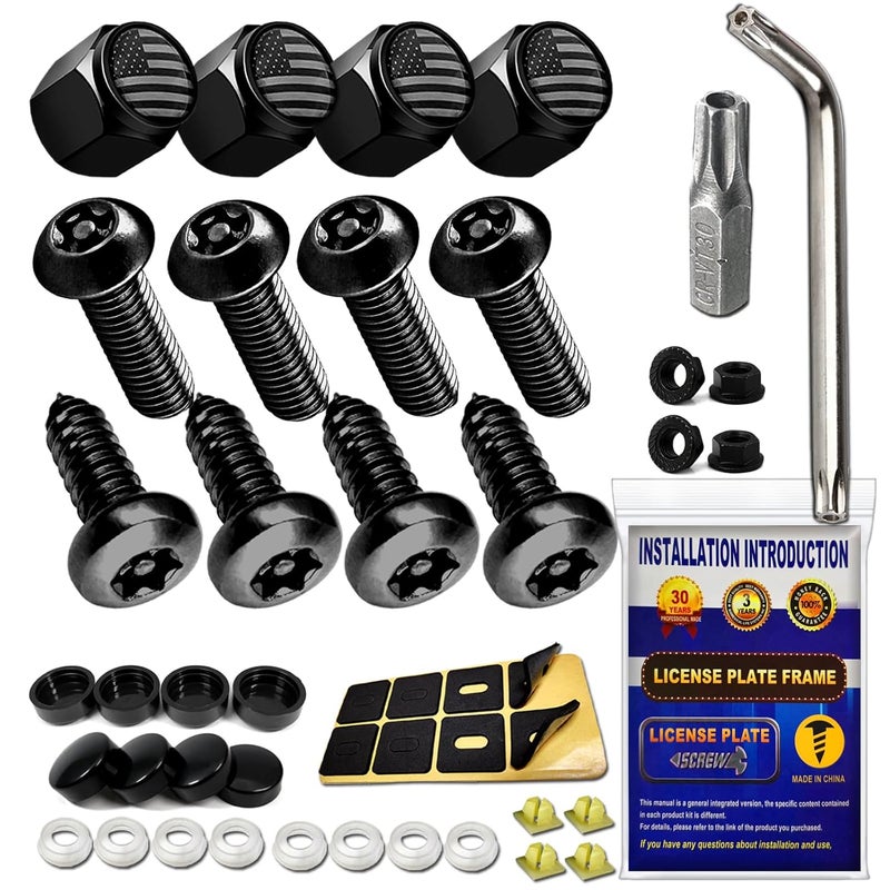 FBJTDQ Anti Theft License Plate Screws- Black Security Bolts Fasteners for Front Rear Tag Frame Holder, 1/4'' M6 Stainless Steel Car Truck Motorcycle Mounting Hardware Kit- Screws Caps Insert Nuts - Image 1