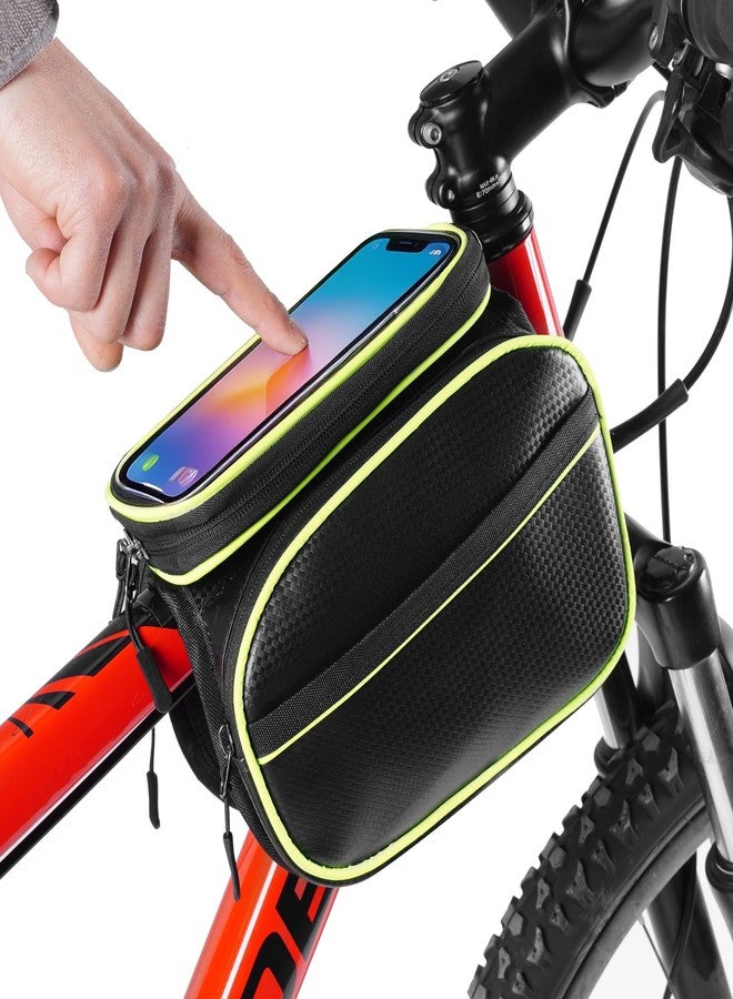 RUTU Waterproof Bike Phone Frame Bag with Touchable Screen, Bike Accessories Pouch with 2 Side Flap Pockets for Road Mountain Cycling, Double Zipper Large Capacity Bicycle Riding Bag for Phones up to 7” - Image 1