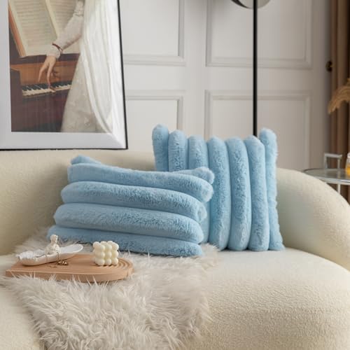 Neelvin Blue Faux Fur Cozy Soft Striped Decorative Throw Pillow Covers 18x18 inch Set of 2Velvet Pillowcase Cushion Case for Sofa Couch - Image 3