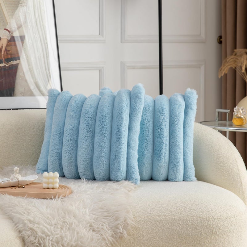 Neelvin Blue Faux Fur Cozy Soft Striped Decorative Throw Pillow Covers 18x18 inch Set of 2Velvet Pillowcase Cushion Case for Sofa Couch - Image 2