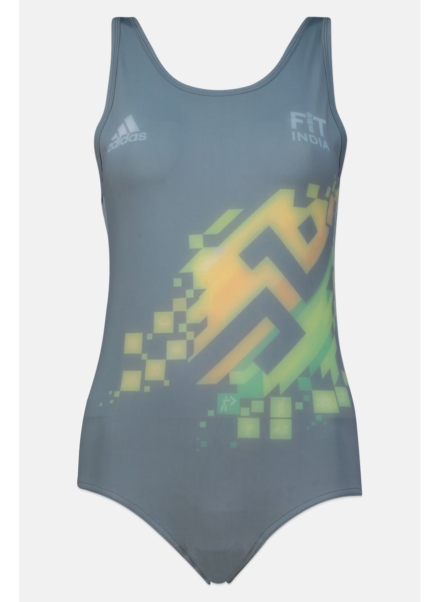 Adidas Women One Piece Brand Logo Non Padded Swimsuits, Grey  - Image 1