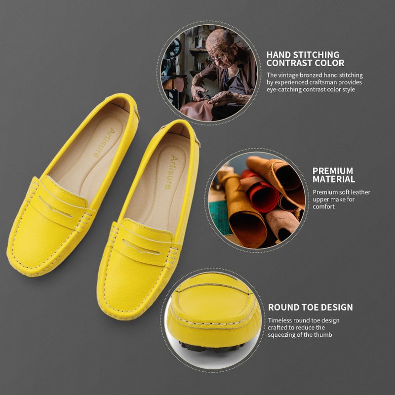 Artisure Women's Classic Comfort Yellow Leather Penny Loafers Casual Slip-Ons Lightweight Walking Flats Driving Mocs Boat Shoes 7 M US - Image 5