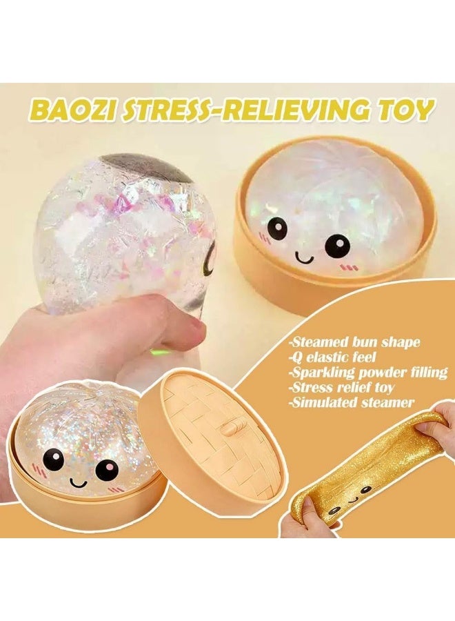 squishy Dumpling Squishy, Glitter Mystery Dumplings Box, Squishy Dumpling Stress Relieving Toy, Soft Squeeze Decompression Dough, Interesting, with Food Steamer Stretchy Desk Toys (B-White) - Image 3