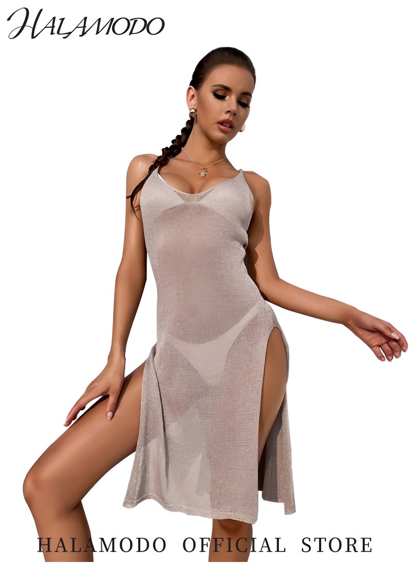HALAMODO Women's Swimsuit Cover Up Sleeveless Hollow Out Long Swimwear Cover up V Neck Hollow Out Long Skirt Mesh Beach Wide Hip Bikini Swimsuit Jacket  - Image 2