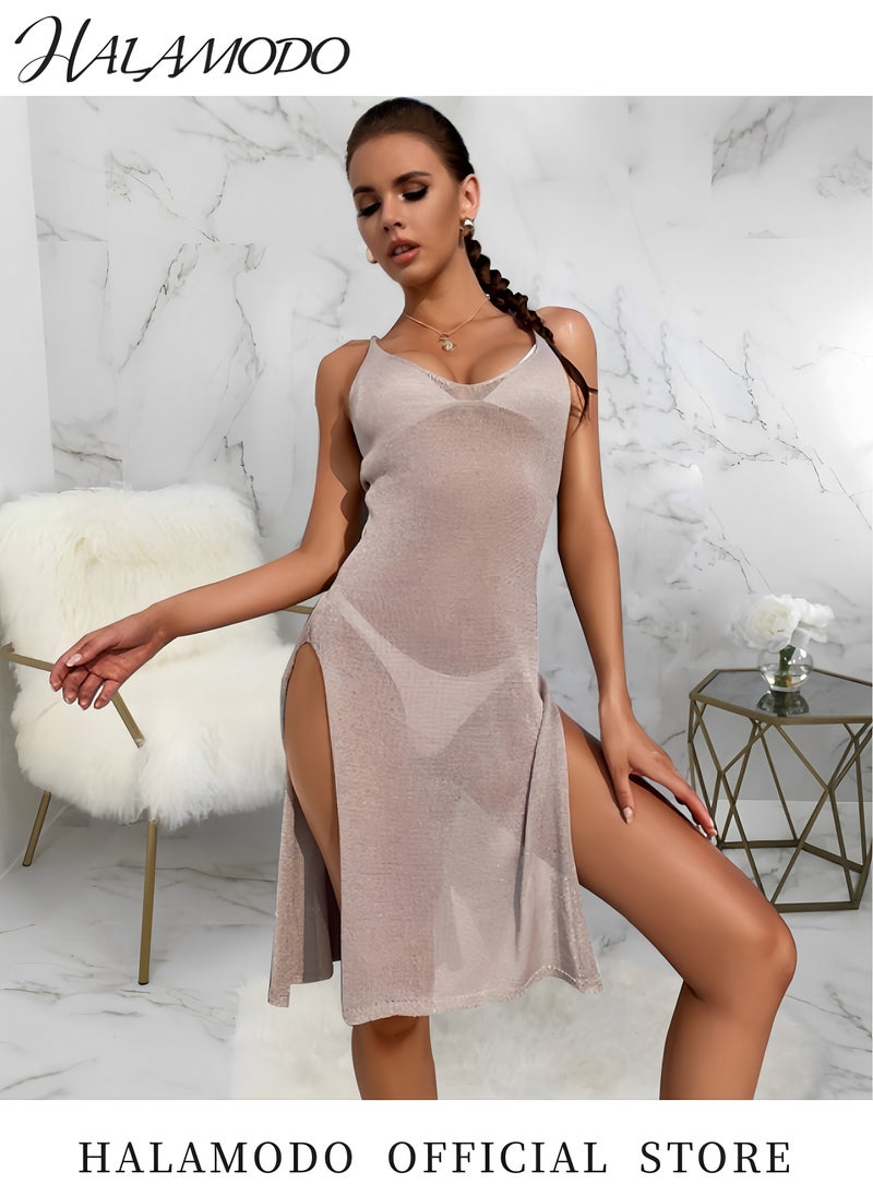 HALAMODO Women's Swimsuit Cover Up Sleeveless Hollow Out Long Swimwear Cover up V Neck Hollow Out Long Skirt Mesh Beach Wide Hip Bikini Swimsuit Jacket  - Image 5