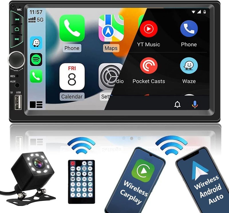 Leadfan Double Din Car Stereo with Wireless Apple Carplay and Android Auto - 7 Inch HD Touch Screen - Image 1