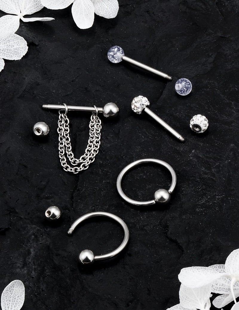Hoeudjo 14Pcs 14G Surgical Steel Chain Dangle Nipple Rings Barbell Nipplering Piercing Jewelry Retainer for Women Silver-Tone Clear Plastic Externally Threaded - Image 5