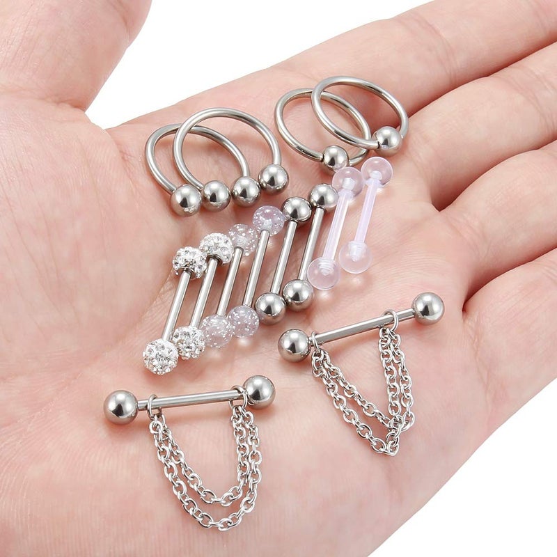 Hoeudjo 14Pcs 14G Surgical Steel Chain Dangle Nipple Rings Barbell Nipplering Piercing Jewelry Retainer for Women Silver-Tone Clear Plastic Externally Threaded - Image 4