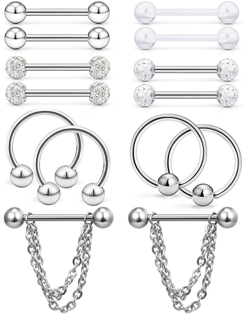 Hoeudjo 14Pcs 14G Surgical Steel Chain Dangle Nipple Rings Barbell Nipplering Piercing Jewelry Retainer for Women Silver-Tone Clear Plastic Externally Threaded - Image 1