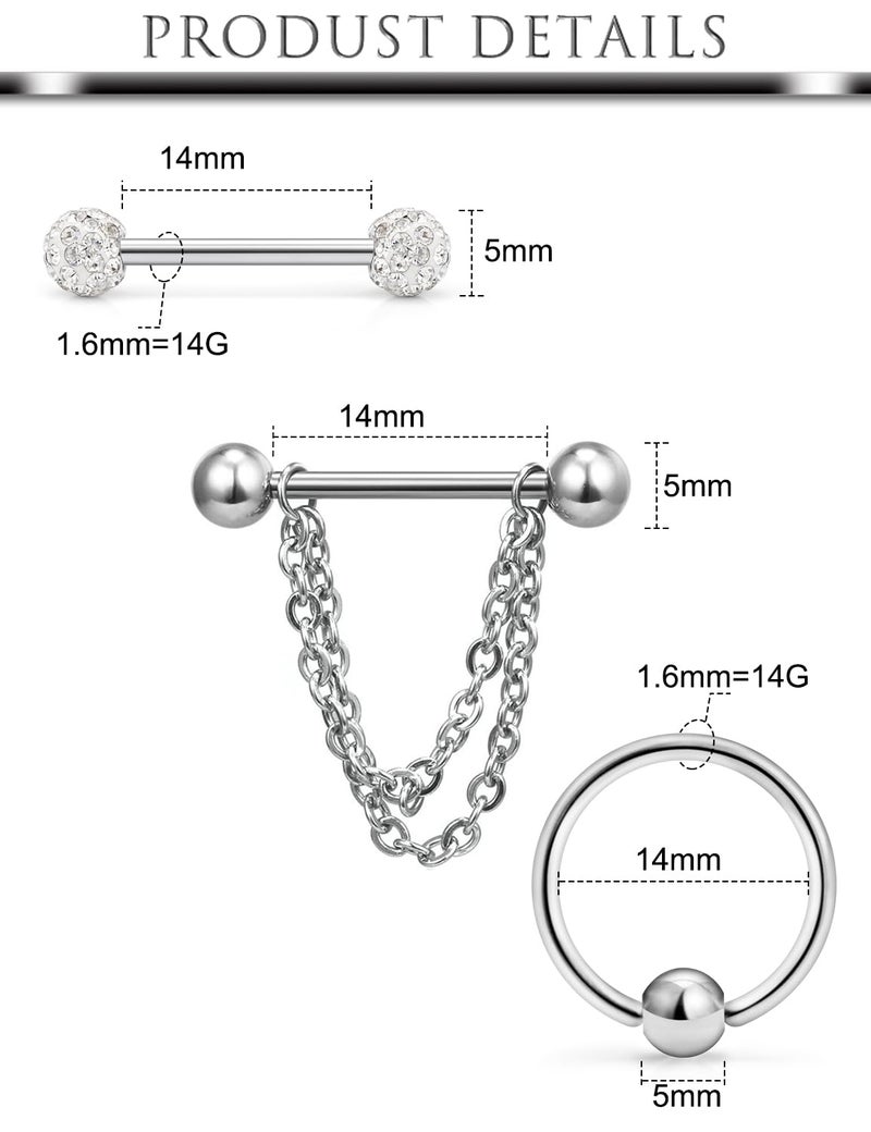Hoeudjo 14Pcs 14G Surgical Steel Chain Dangle Nipple Rings Barbell Nipplering Piercing Jewelry Retainer for Women Silver-Tone Clear Plastic Externally Threaded - Image 2