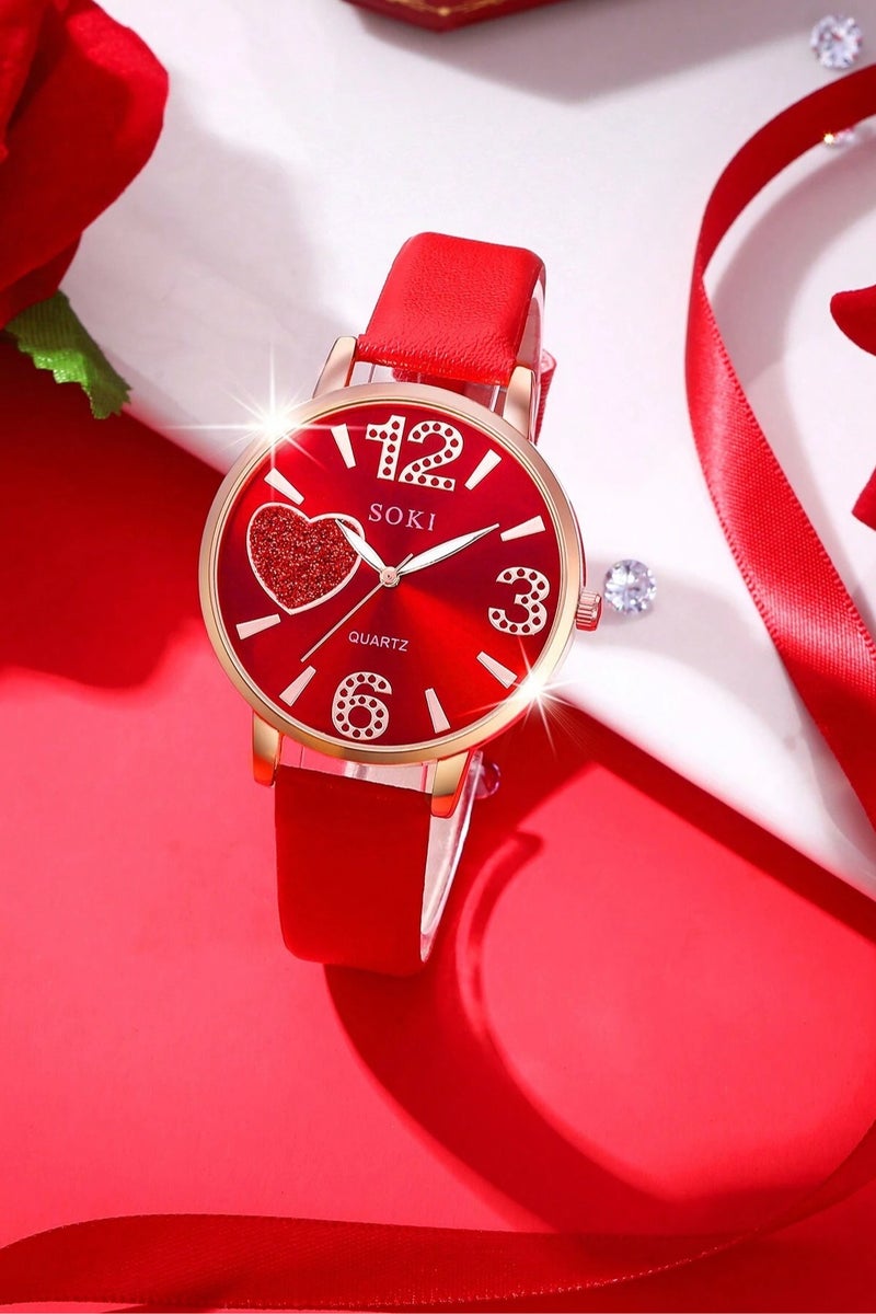 سوكي مجموعة هدايا فاخرة تتضمن ساعة يد بتصميم انثوي ساحر باللون الاحمر مع لمعة انيقة وطقم من الاكسسوارات مكون من عقد ناعم وحلق واساور بتصميم فراشة و قلب _مثالية كهدية او  مناسبة للارتداء اليومي - Image 2