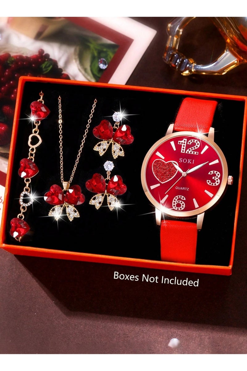 سوكي مجموعة هدايا فاخرة تتضمن ساعة يد بتصميم انثوي ساحر باللون الاحمر مع لمعة انيقة وطقم من الاكسسوارات مكون من عقد ناعم وحلق واساور بتصميم فراشة و قلب _مثالية كهدية او  مناسبة للارتداء اليومي - Image 1